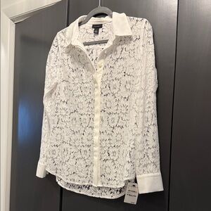 Halogen White Floral Lace Button-Up Blouse